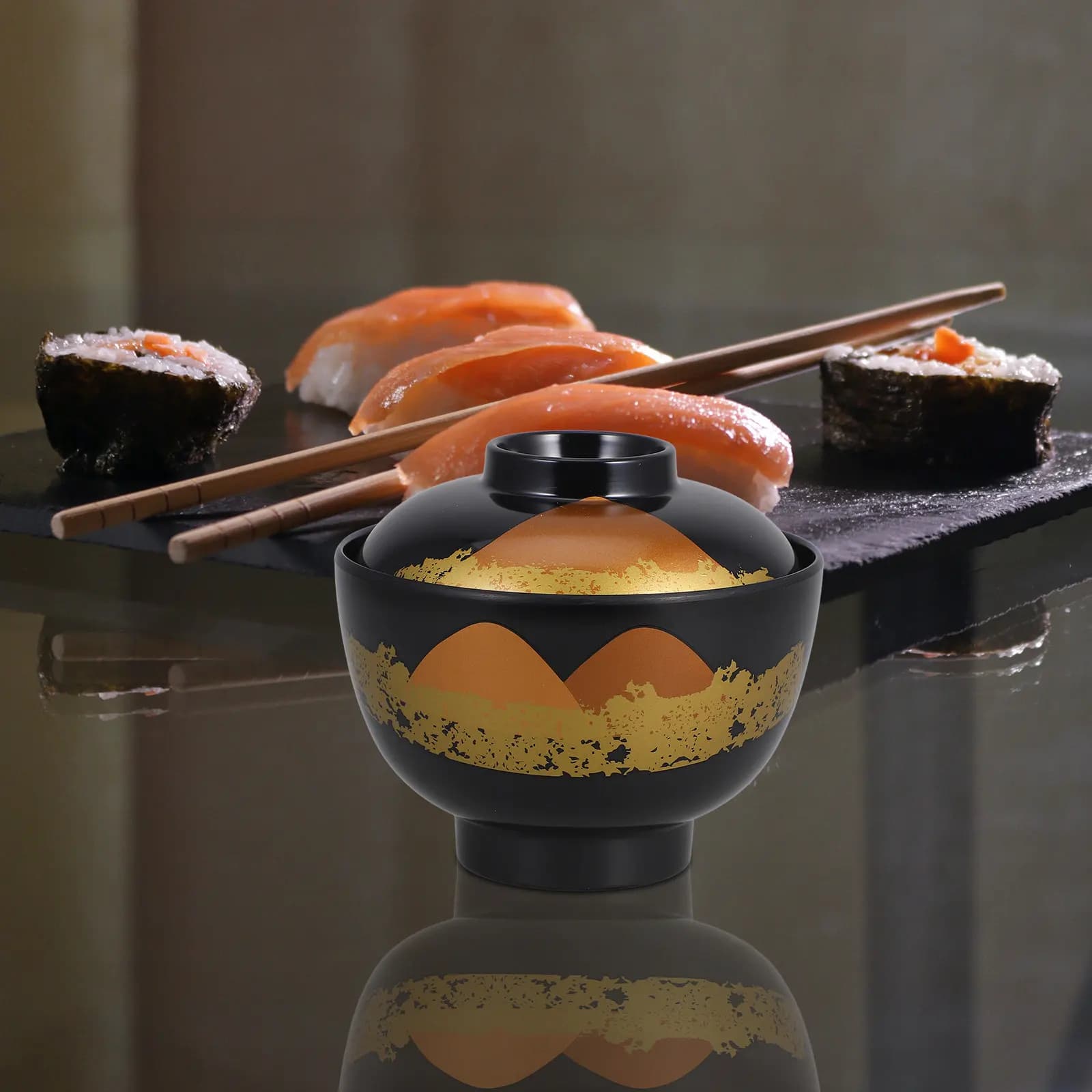 Traditional Japanese Bowl for Soup in Melamina with Cover, Food Container for Home and Restaurant, Rice Serving Bowl and Noodle
