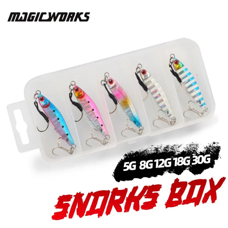 Magic Works 5 pieces metal box jig recall 5g 8g 12g 18g 30g perch baits for fishing kit artificial baits sea masks set equipment