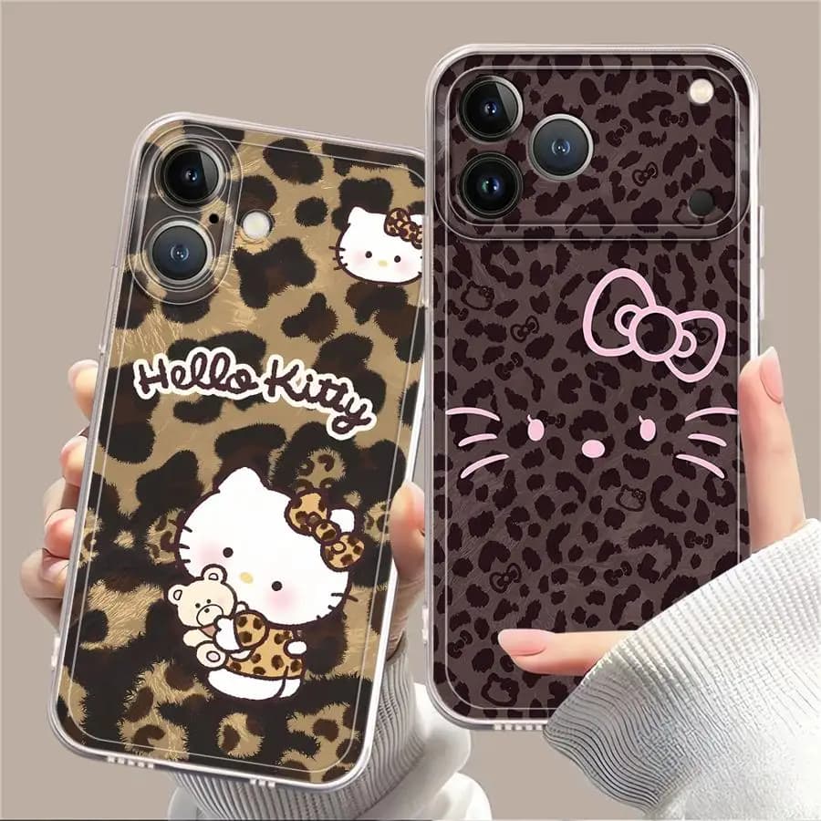 Custodia per telefono in silicone morbido trasparente con motivo Hello Kitty leopardato marrone per iPhone 11 12 13 14 15 16 17 Pro Max 14 Plus 17 Air X 17E