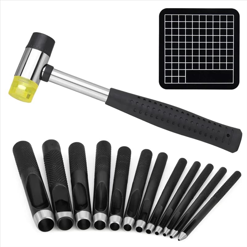 THIVN-Set di punzoni per fori cavi (1,0-10 mm), punzonatrice per pelle 12 dimensioni con martello da intaglio in pelle e tappetino da taglio, punzonatrice