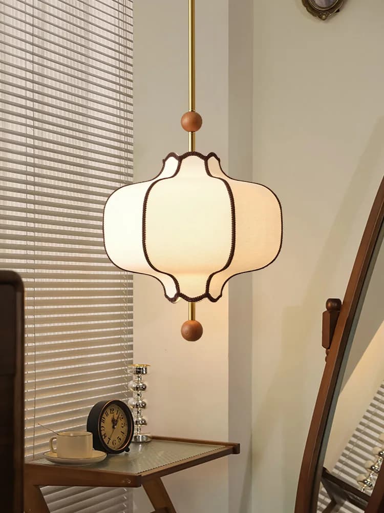 Lampada a Sospensione Retrò con Paralume in Tessuto, LED Circolare Stile Giapponese per Sala da Pranzo, Appartamento, Illuminazione a Sfera in Legno E27
