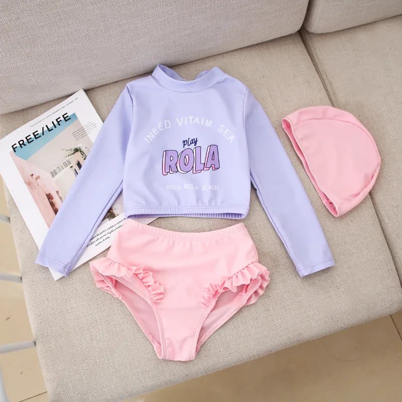 Children Clothes Girl Split Swimsuit Spring Summer Solid Long Sleeve Top Shorts Suit for Babies Fashion Kids Girls Swimwear