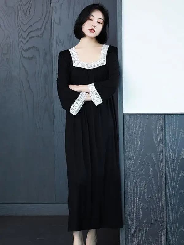 Vestito da Notte Taglie Forti a Maniche Lunghe, Casual per Casa, Stile Donna, con Inserti in Pizzo, Gonna a Trapezio, in Fibra di Poliestere, per la Stagione Autunnale