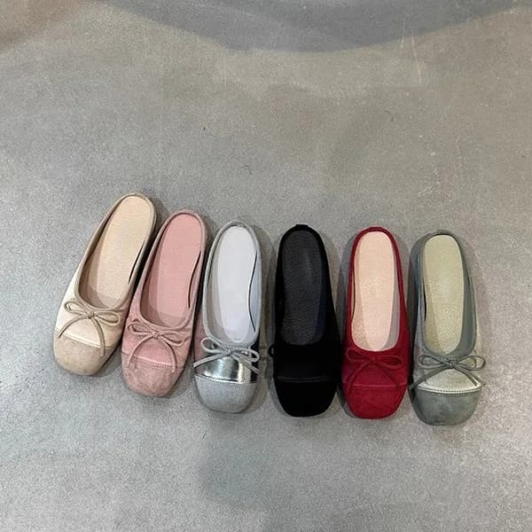 Versione in pelle di pecora ~ Mezze pantofole da balletto da donna, abbigliamento piatto estivo, fiocco con fondo morbido, scarpe da donna slip-on francesi argento