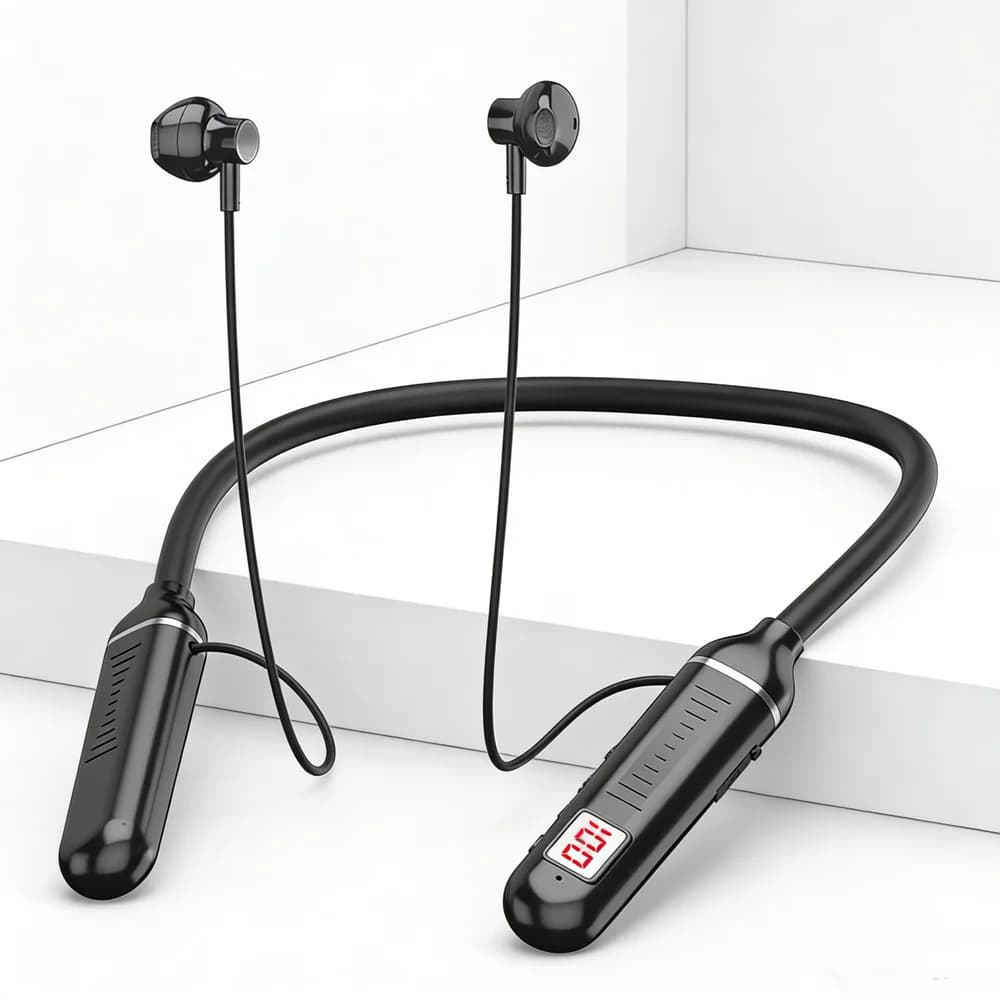 Sporty Headphones for the Neck, Bluetooth Headphones for Gaming with Battery LED Display, Wireless Microphone, HIFI Stereo, TWS Headphones with TF Card Holder