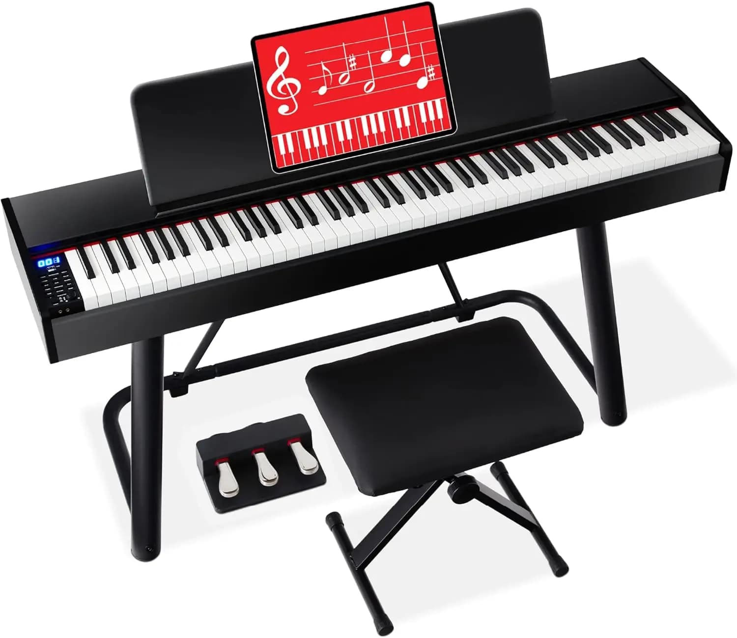 Full Size Weighted 88-Key Digital Piano Keyboard Bundle with U-Stand, Triple Sustain Pedal Unit, Bench, Protective Cover, Dual Headphone Jacks - Ideal for All Skill Levels