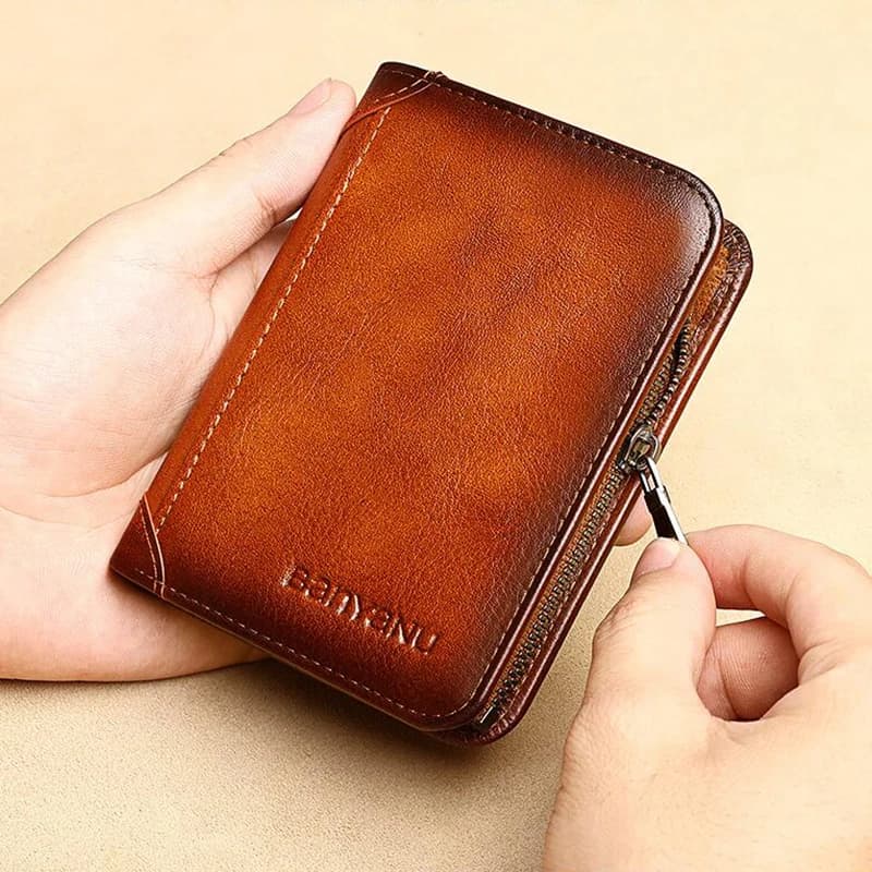 Vintage Fashion Small Cowhide Genuine Leather Men Wallet Travel Anti RFID Zipper Coin Wallet for Men Gifts