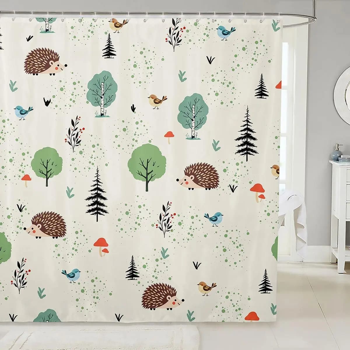 Decorative Cute Woodland Forest Shower Curtain for Kids Bathroom Nursery Decor Animal Print Hedgehogs Birds Nature Shower Liner