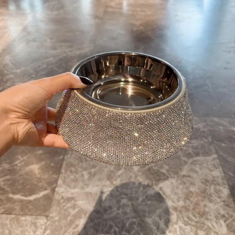 Novelty diamond-encrusted pet bowl, stainless steel detachable double-layer pet food bowl, diamond pet bowl, cat bowl, dog bowl