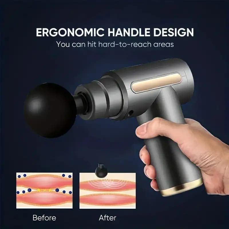 Mini portable massage gun for deep muscle massage, manual percussion massager to relieve body pain, back, neck and legs.