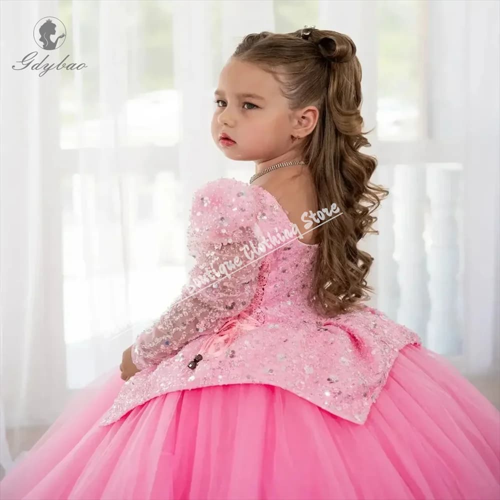 Elegante abito da ragazza di fiori con scollo quadrato e maniche lunghe con paillettes per la prima fotografia di eventi di abiti formali di compleanno di Natale
