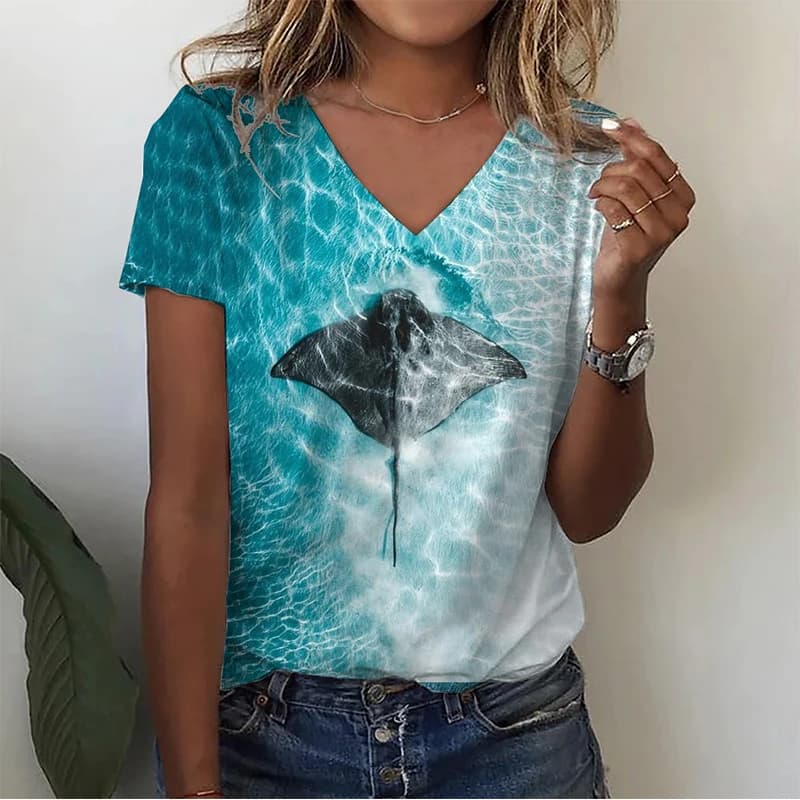Estate Infauna Shark T-shirt con stampa 3D Donna Streetwear Tartaruga marina Shoal T-shirt Y2k Top Donna Con scollo a V Tees Abbigliamento oversize