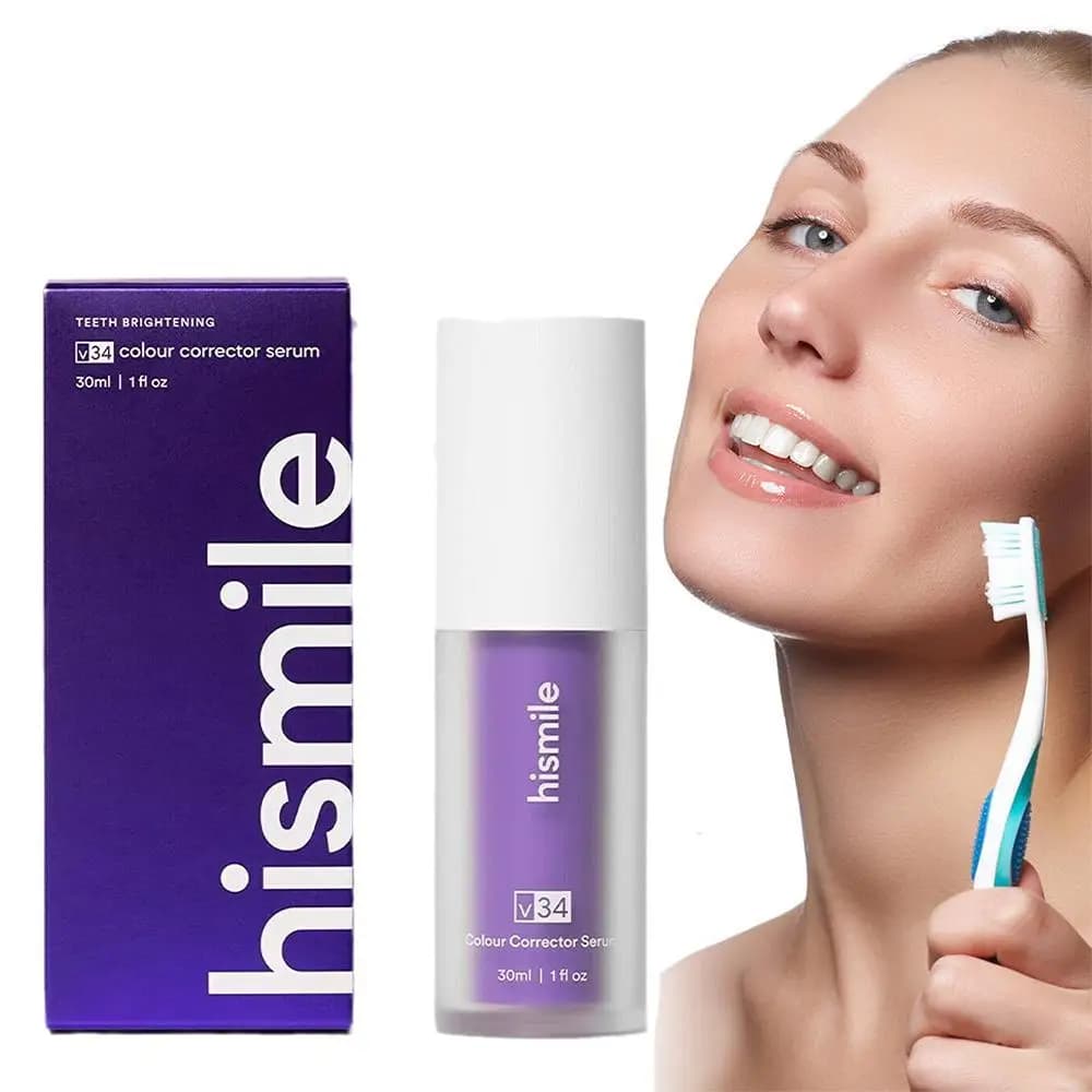 Siero Correttivo per Sbiancamento Denti Hismile V34 30ml, Schiuma Viola a Pressione, Adatto per Denti Sensibili