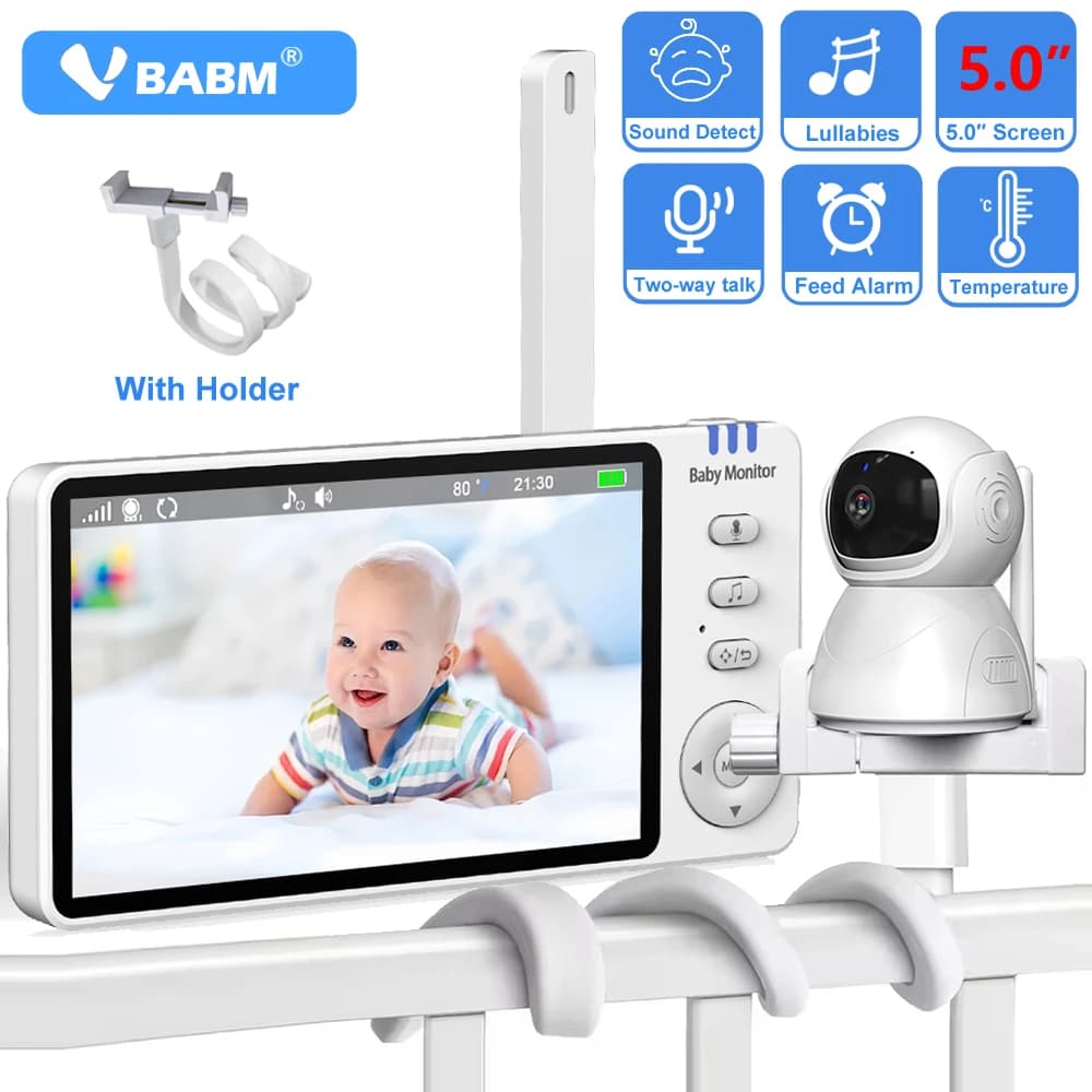 VBABM Baby Monitor Schermo IPS da 5,0 pollici con telecamera PTZ per tata Audio a 2 vie Ninna nanna Telecamera Babysitter Staffa di sicurezza per visione notturna