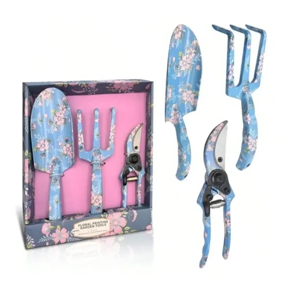 Set di attrezzi da giardinaggio stampati in alluminio resistente, kit di attrezzi da giardinaggio che include rastrello manuale, forbici da potatura e cazzuola per interni ed esterni