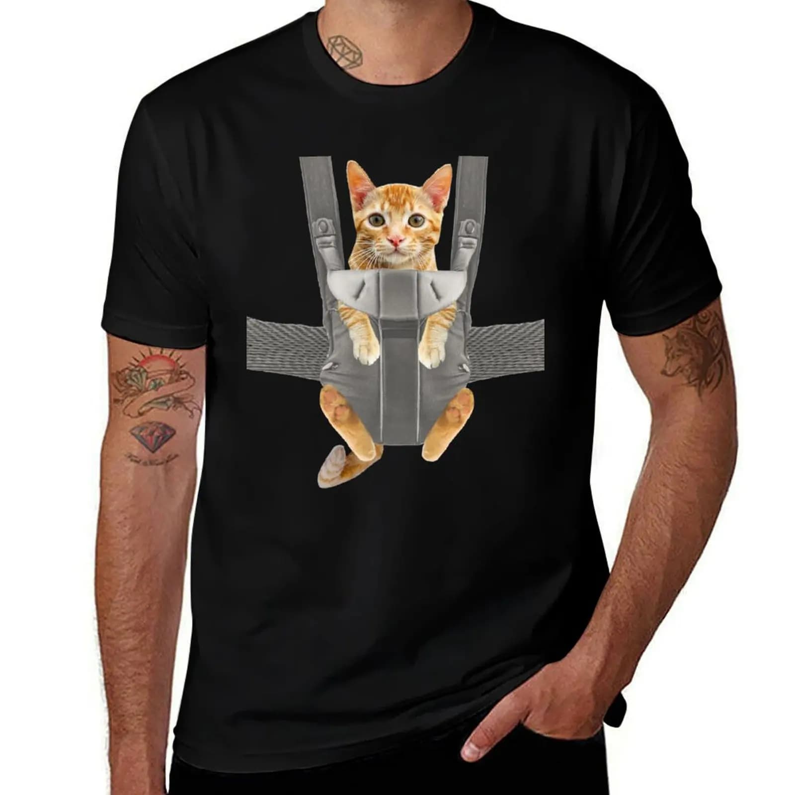 Monty the cat in baby carrier T-Shirt Soft Basic Cotton Short Sleeve Tee T-Shirt