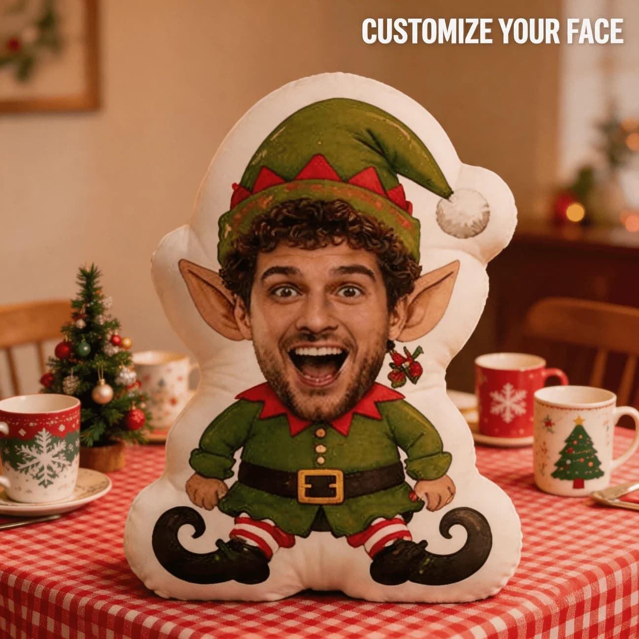 Custom Photo Elf Shaped Pillow, Personalized Face Holiday Character Decorative Cushion, Funny Christmas Home Decor Accent for So