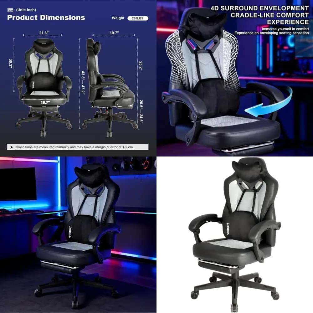 Sedia da Ufficio Ergonomica Reclinabile con Poggiapiedi e Supporto Lombare per Adulti Robusti, Sedia da Gaming in Rete Grigia con Cuscino