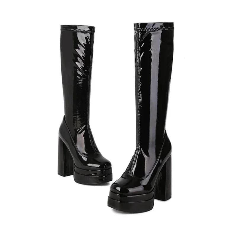 Knee High Boots Women Patent Leather super High Heels Side Zip Winter Black Long Platform Boots Big Size 46 47 48 77-60