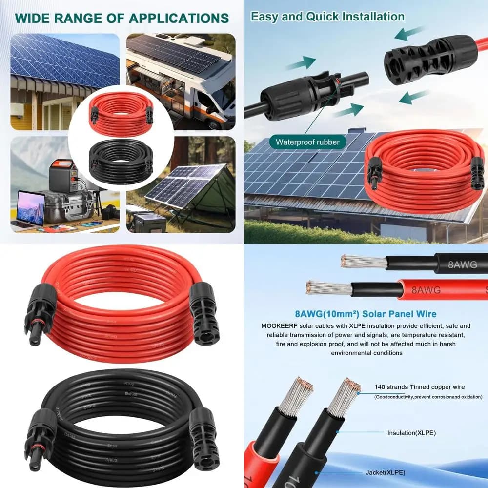 Cavi di prolunga impermeabili 8AWG 20T rossi e neri per pannelli solari, camper, barche e uso domestico (6 metri)