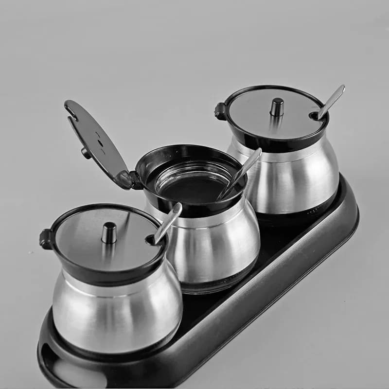 Set di barattoli per condimenti in vetro in acciaio inossidabile Contenitore per spezie Forniture da cucina Saliera Barattolo per spezie Set di scatole per spezie in tre pezzi