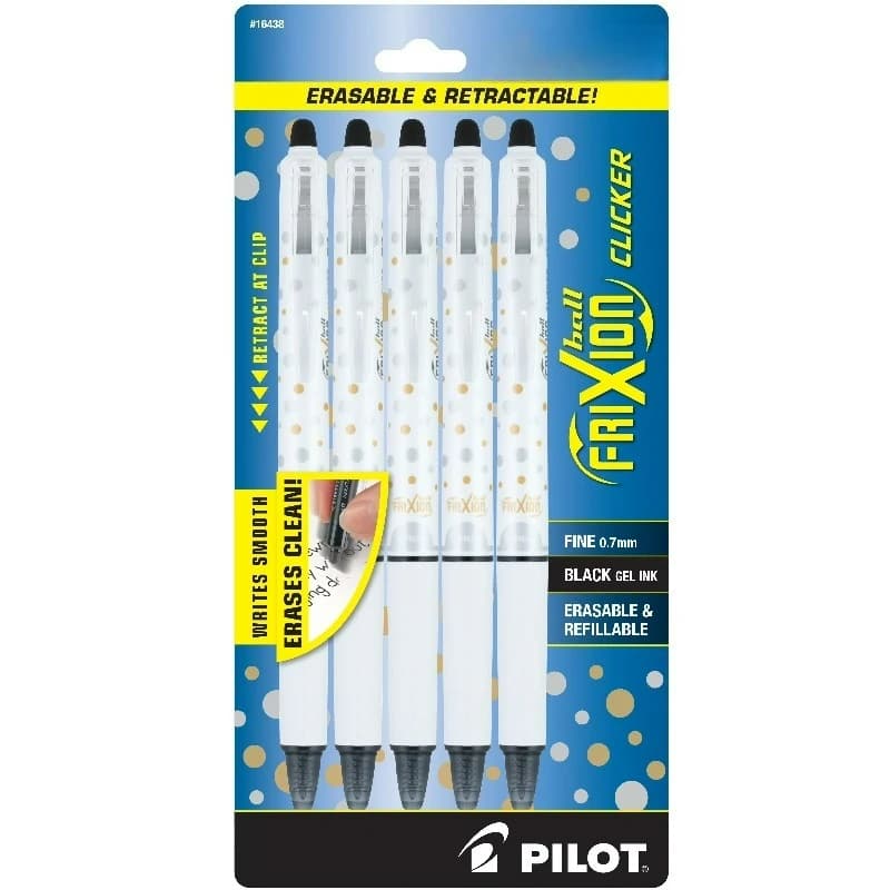 Collezione di Penne Gel Cancellabili FriXion Clicker Dots, Punta Fine, Inchiostro Nero, Confezione da 5