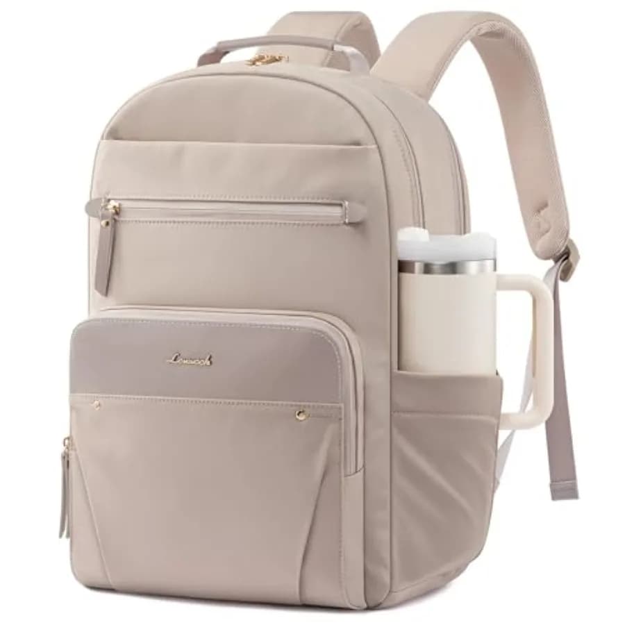 Zaino per laptop da donna con finiture in pelle e tasche porta bicchiere, borsa da lavoro, borsa da viaggio, borsa per oggetti personali, bagaglio a mano per affari