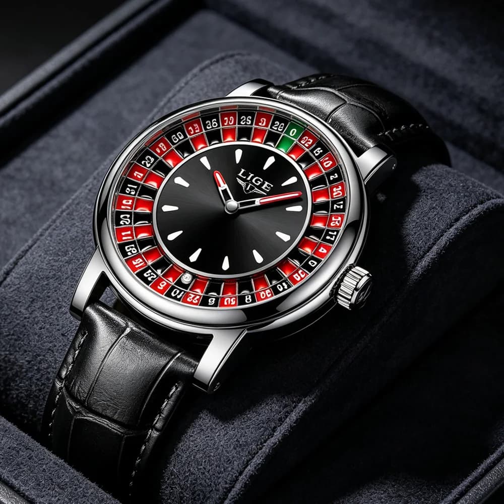 Orologio da uomo LIGE Creative Silver con quadrante a roulette, orologio da polso al quarzo in pelle, impermeabile, luminoso, alla moda + scatola