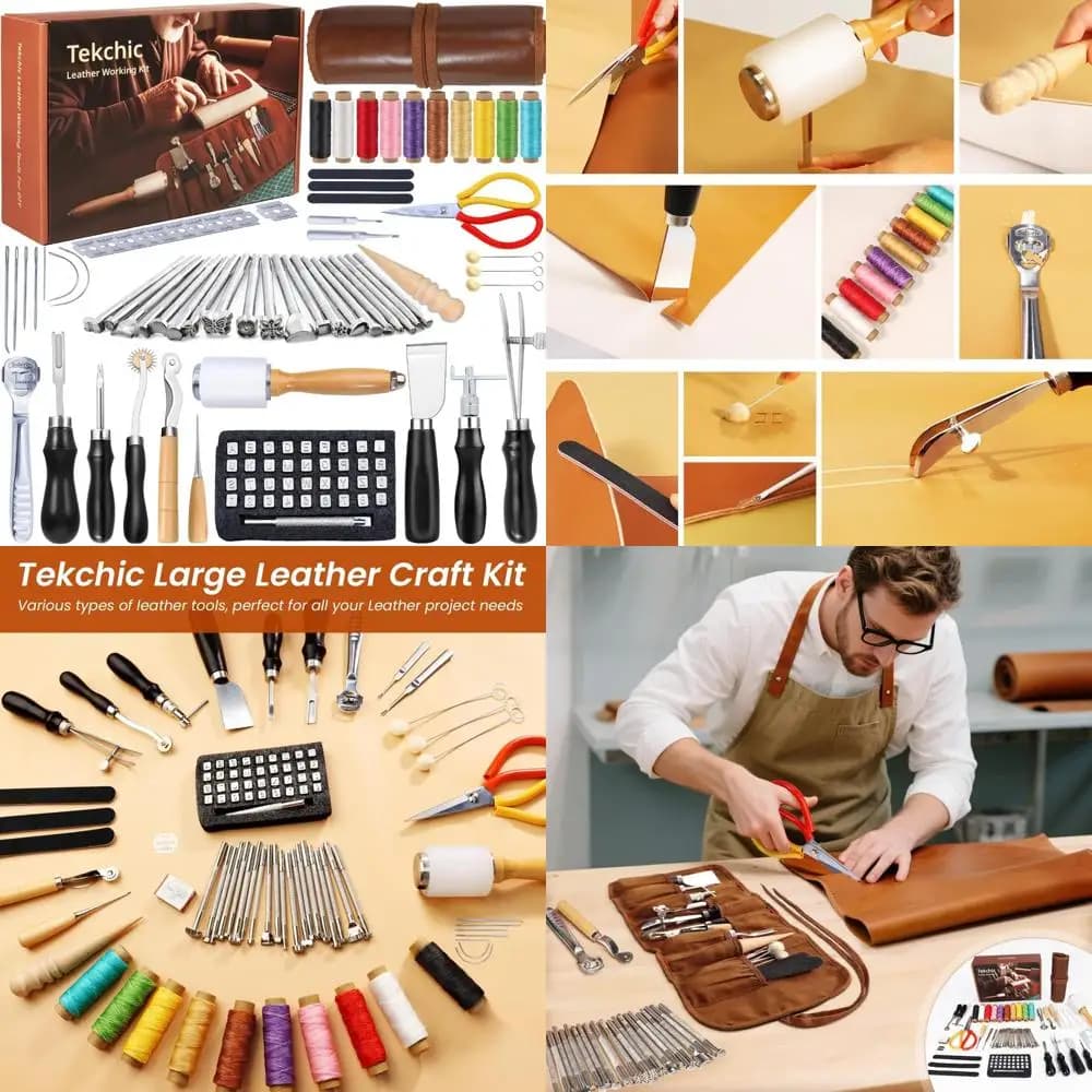 Professional leather carving and moulding kit with sewing, punching and cutting tools, including Enthu creation case