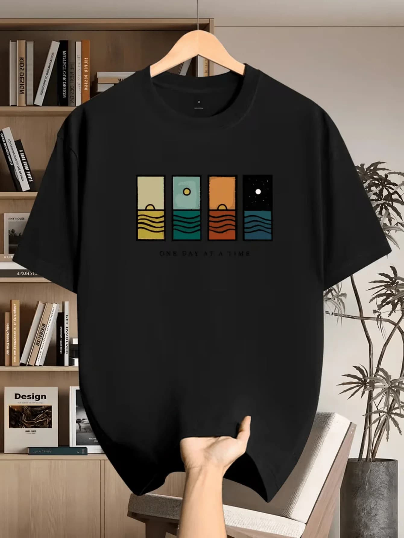 100% pure cotton summer men's and women's short sleeved T-shirt, four grid color block sunrise and sunset print, fashionable