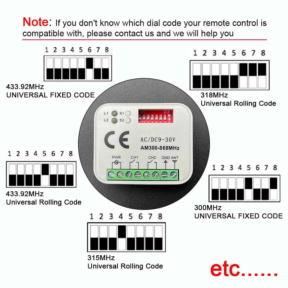 Garage Gate Remote Control Receiver 300-868MHz AC/DC 9-30V Receiver For Gate and Barrier Wireless Transmitter Key Fob