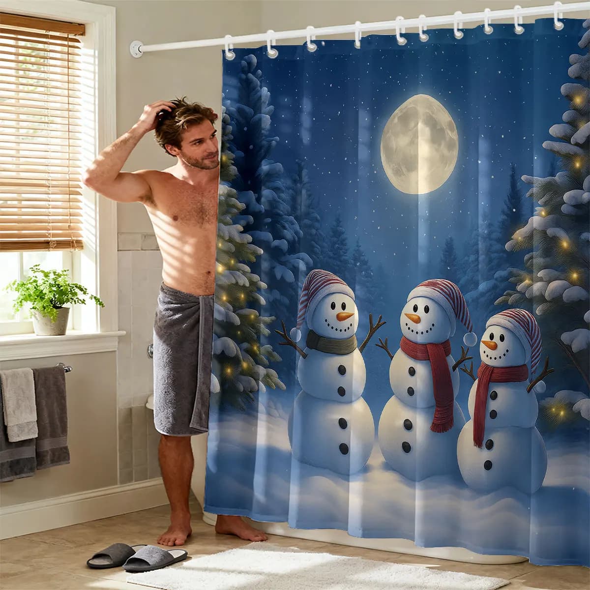 The waterproof shower curtain features a snowy night scene and the Christmas decoration scene includes free accessories