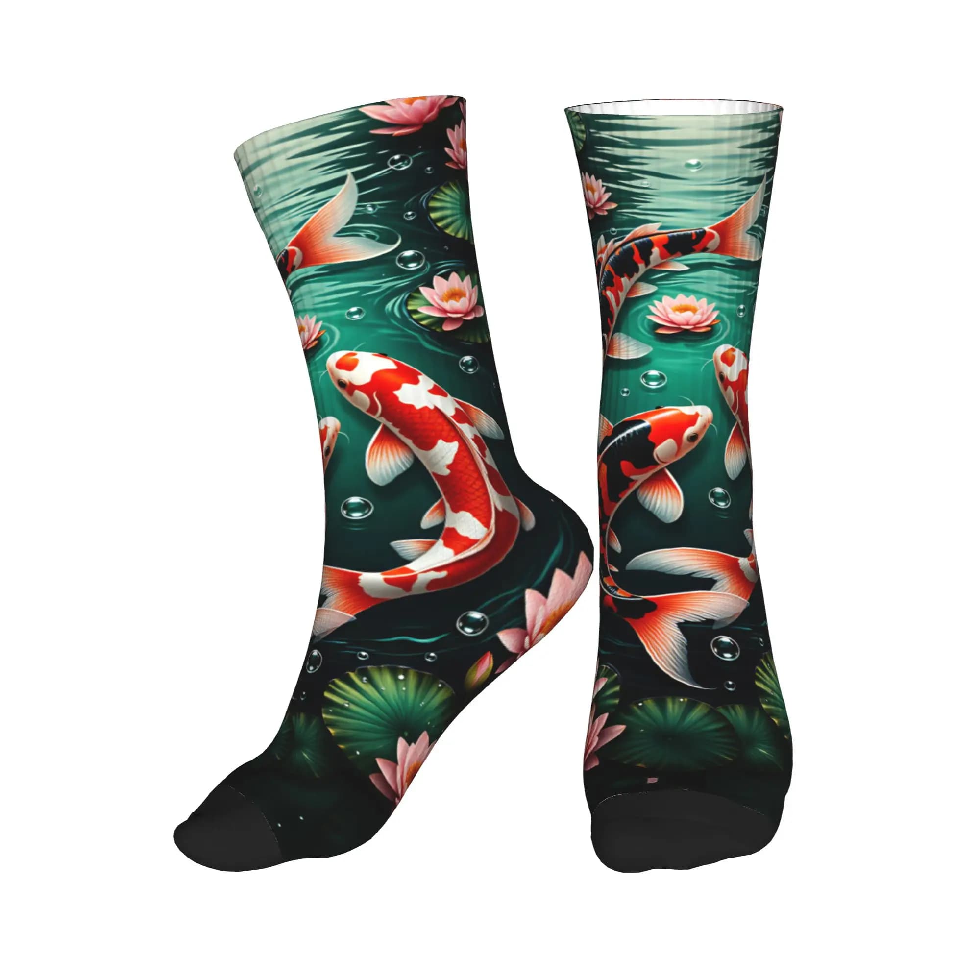 Three Koi Lotus Dark Pond Feng Shui Dress Socks for Men Women Warm Fashion Crew Socks