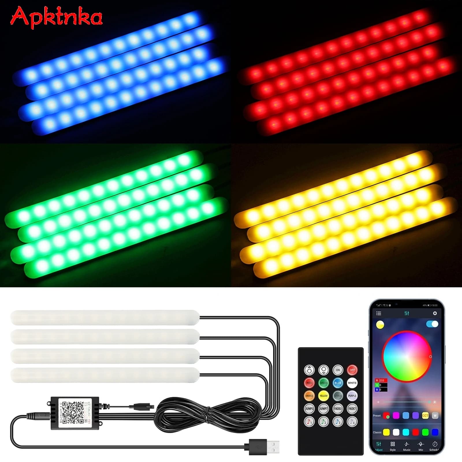 LED Car Interior Ambient Foot Light Strip Neon Lighting Backlight Kit W/ USB Remote App Music Control Auto RGB Decorative Lamps