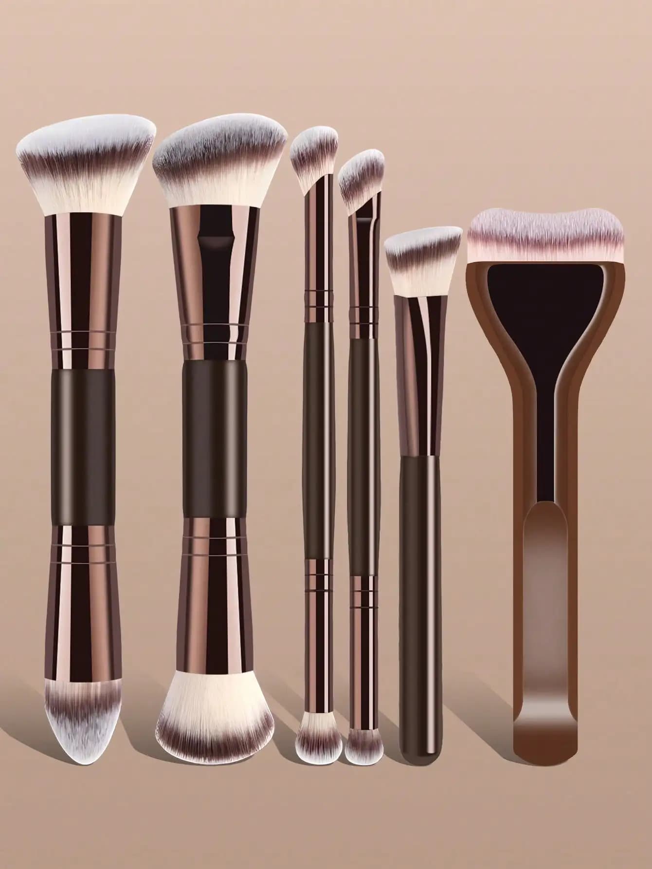 Set di pennelli per trucco professionali da 6 pezzi, pennelli per trucco portatili da viaggio, kit di strumenti per trucco multifunzione a doppia punta, inclusi pennello per fondotinta, pennello per cipria, pennello per fard, pennello per correttore, pennello per contorno, pennello per naso, pennello per ombretto, pennello per dettagli, pennello per viso, Hi