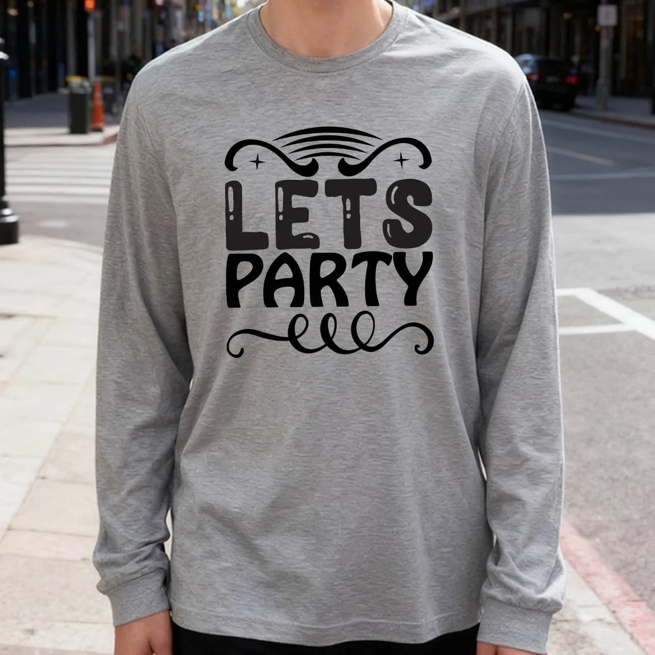 Men's long sleeve t-shirt Lets Party 180g 100% cotton printed casual crew neck to wear every day soft and breathable