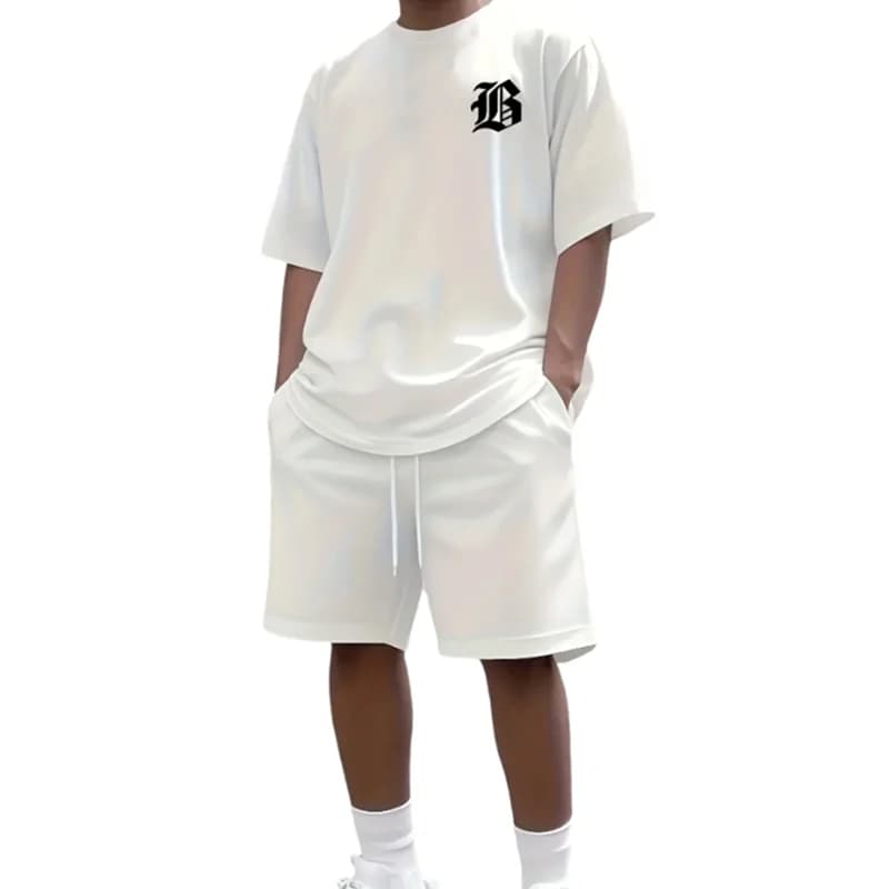 Complete Men's Casual Black with T-Shirts and Shorts, 3D Printing with Letter "B", Summer Dress Streetwear, Men's Sportswear, Set 2 Pieces with Sleeves Court