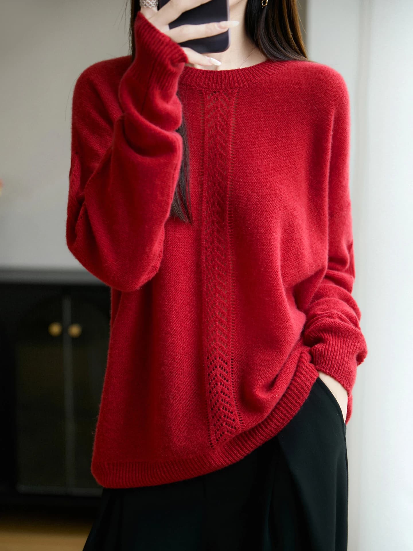 Autunno Inverno Donna Girocollo 100% Lana Merino 7 Aghi Caldo Addensato Singolo Ptrato Verticale Hollow Texture Pullover Maglione