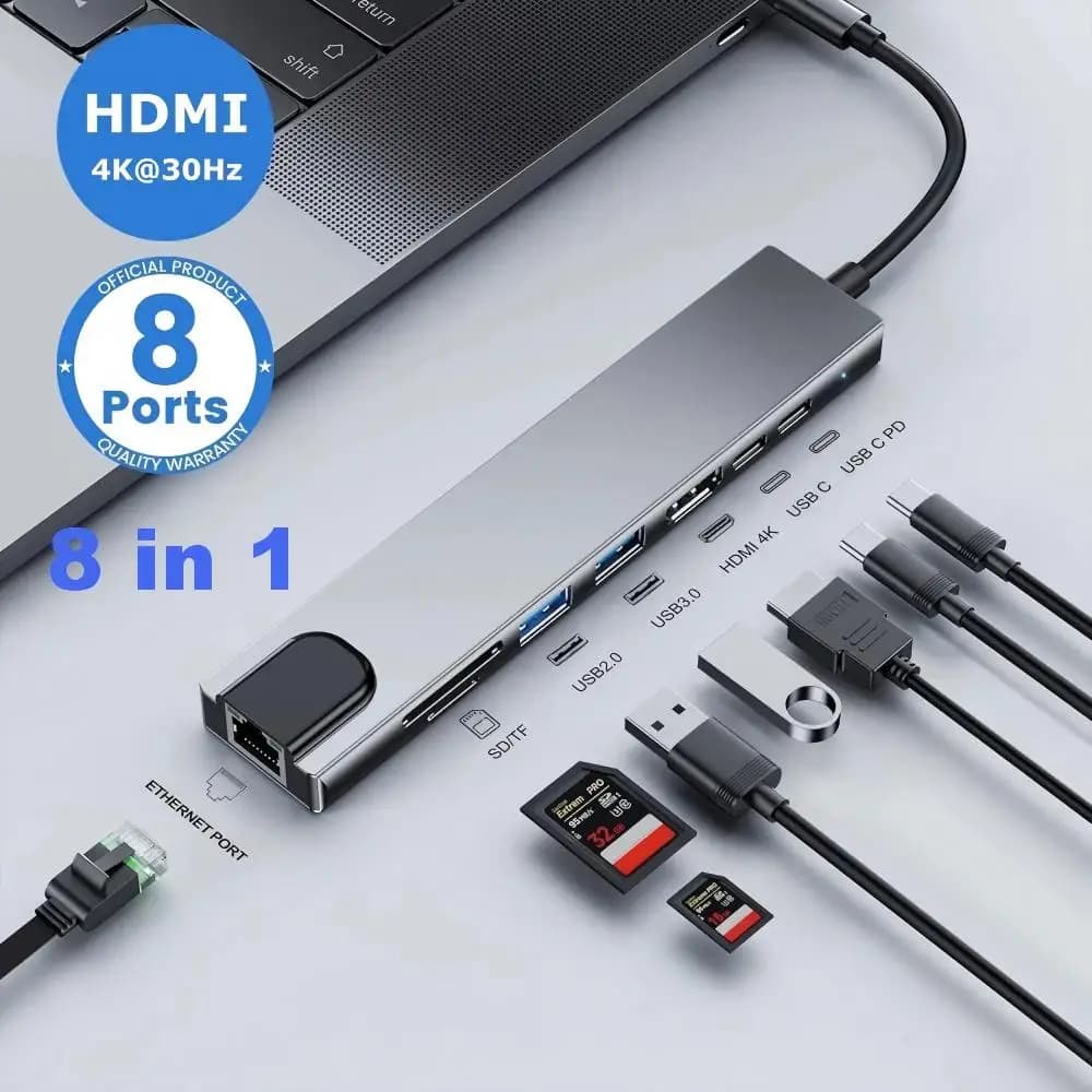 USB Hub C 8 in 1, Docking Station for Laptop with HDMI 4K, PD Charger 100W, USB 3.0 Ports, SD/TF Card Reader, Ethernet Gigabit RJ45