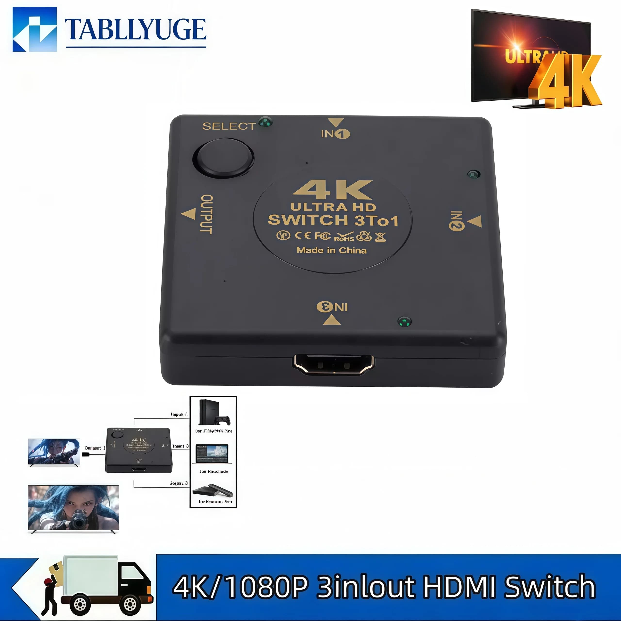 Mini Switch HDMI 3 in 1 Compatibile 4K/1080P, Adattatore Splitter HDMI a 3 Porte per DVD, HDTV, Xbox, PS3, PS4, Proiettore