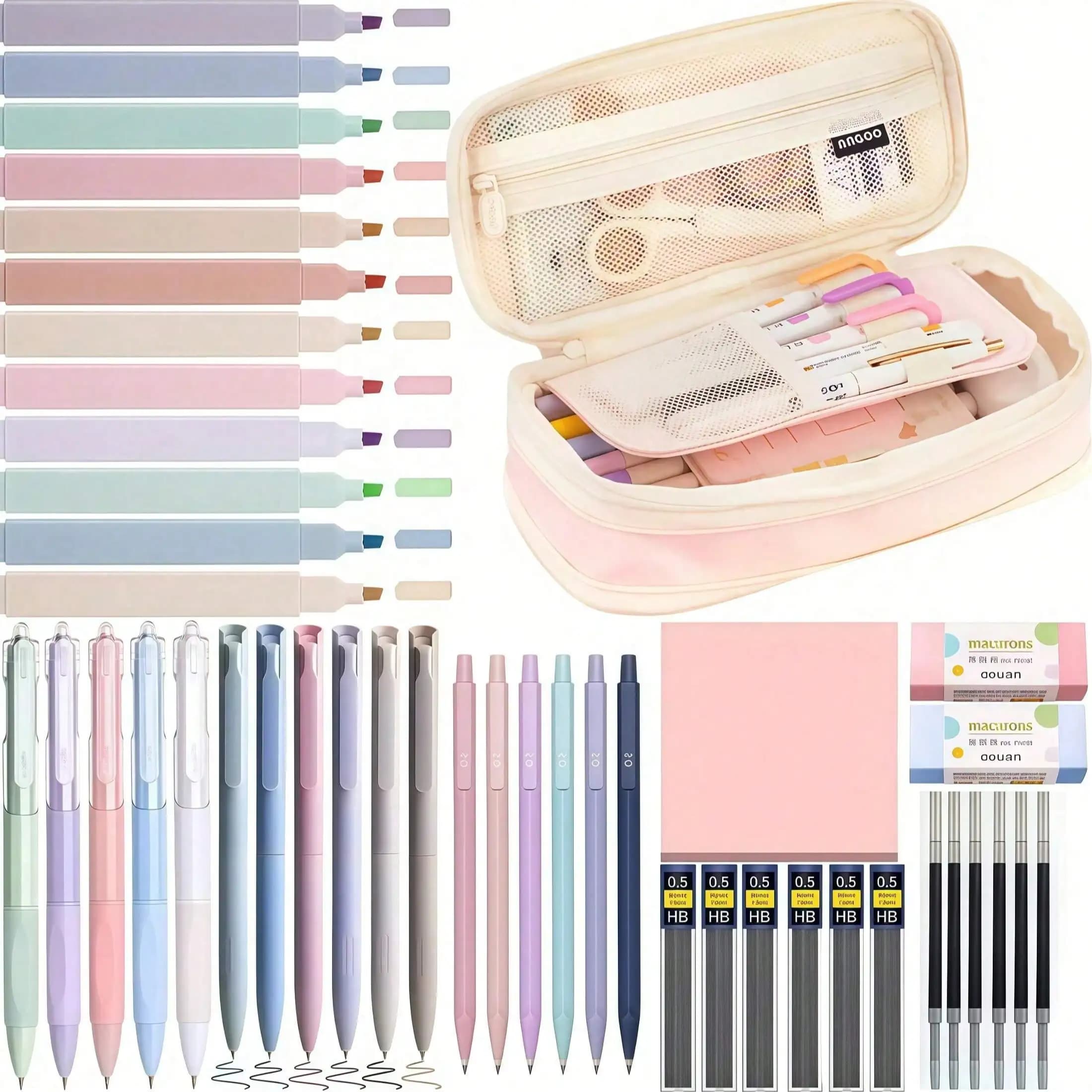 1 set di materiale scolastico, astuccio, penna gel nera, evidenziatori, articoli di cancelleria per studenti universitari. Essenziale per il ritorno a scuola.