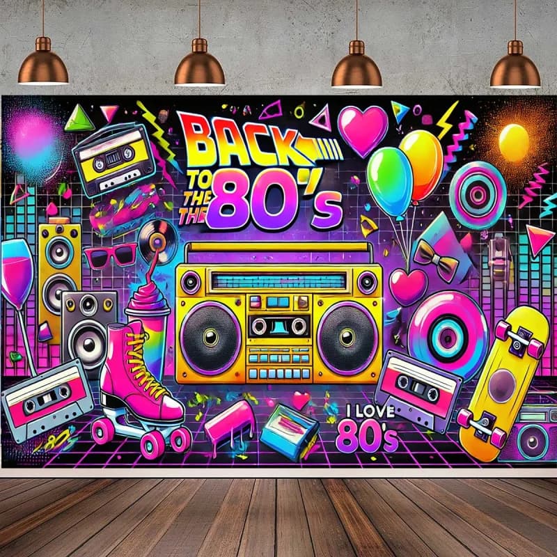 1 Banner di sfondo vintage Piece80Era, con nastro magnetico、Walkman、Pattini da ghiaccio e80Era Music Icon