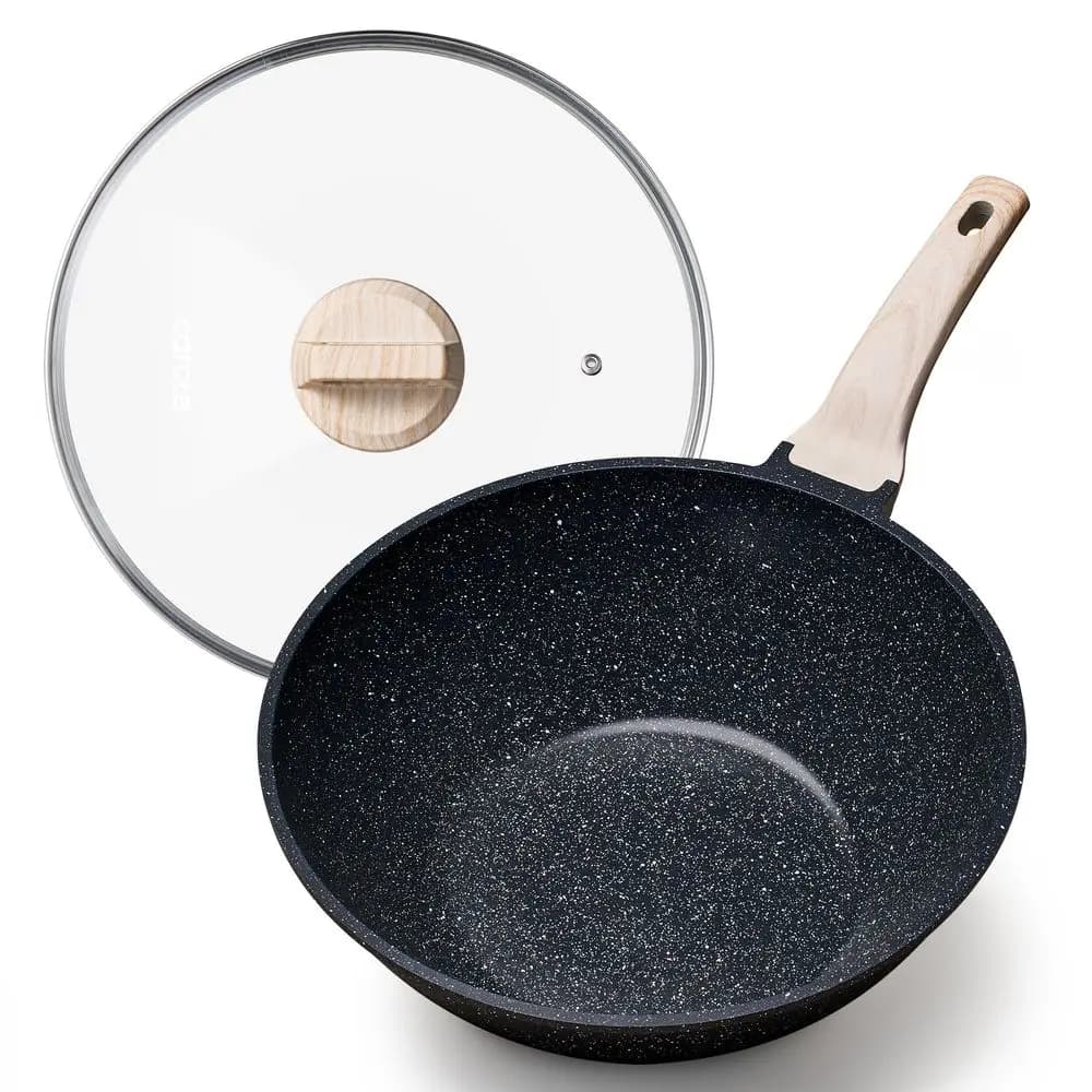 Wok Antiaderente con Coperchio 12 Pollici 5.3QT, Padelle Wok e Stir-Fry Antiaderenti in Granito, Padella Wok per Induzione, Padella Profonda per Frittura, Compatibile con