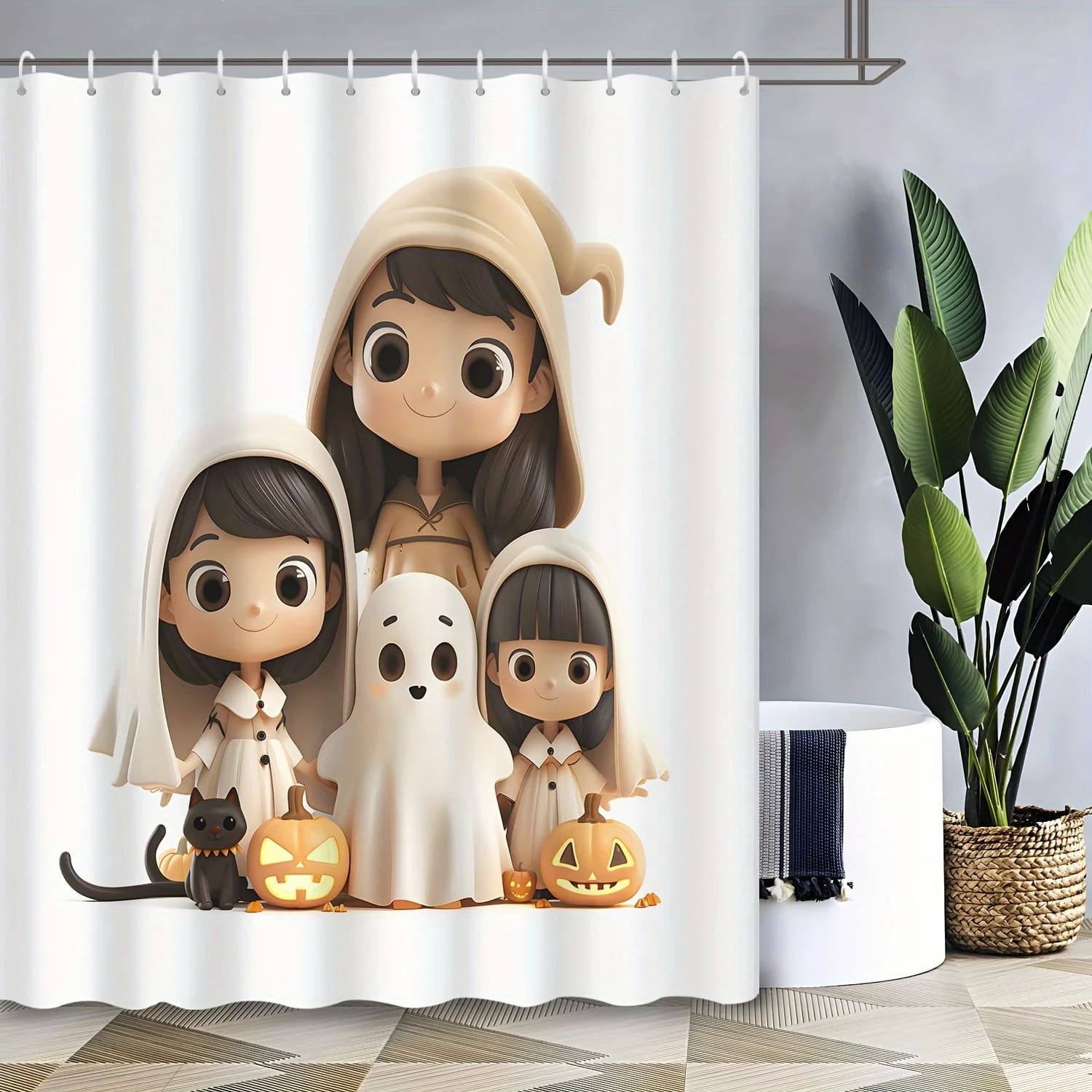 Tenda da doccia: graziosi personaggi di Halloween con zucche e fantasmi per un arredamento festivo e divertente per il bagno