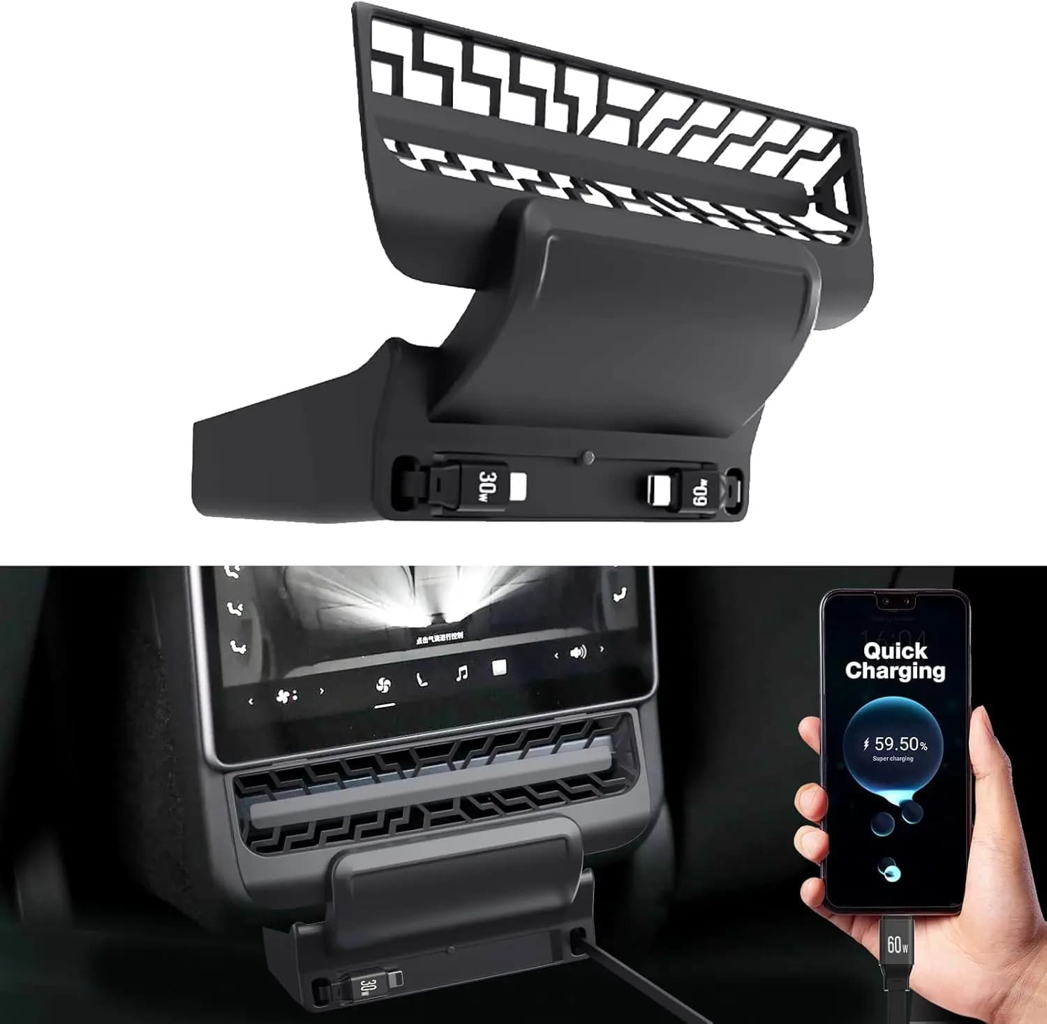 Per Tesla Model 3/Y 2021-2023, Stazione di Ricarica Intelligente per Bocchetta di Ventilazione Posteriore, Caricatore Rapido Type-C PD 27W, Estensore USB