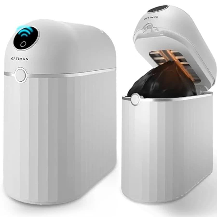 Cestino automatico senza contatto per cucina, in plastica bianca, con sensore di movimento, autosigillante e 6 sacchi di ricambio inclusi.