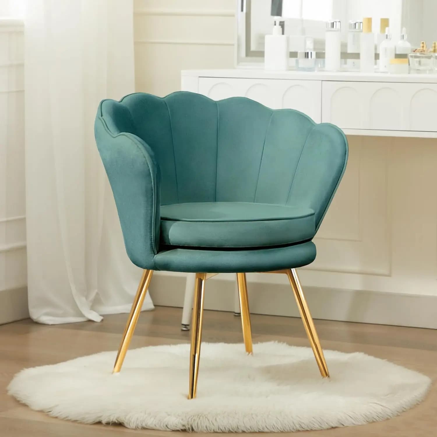 Sedia da Toeletta in Velluto con Schienale, Poltroncina Moderna Mid-Century per Soggiorno, Gambe in Metallo Dorato, Imbottita, Personalizzabile