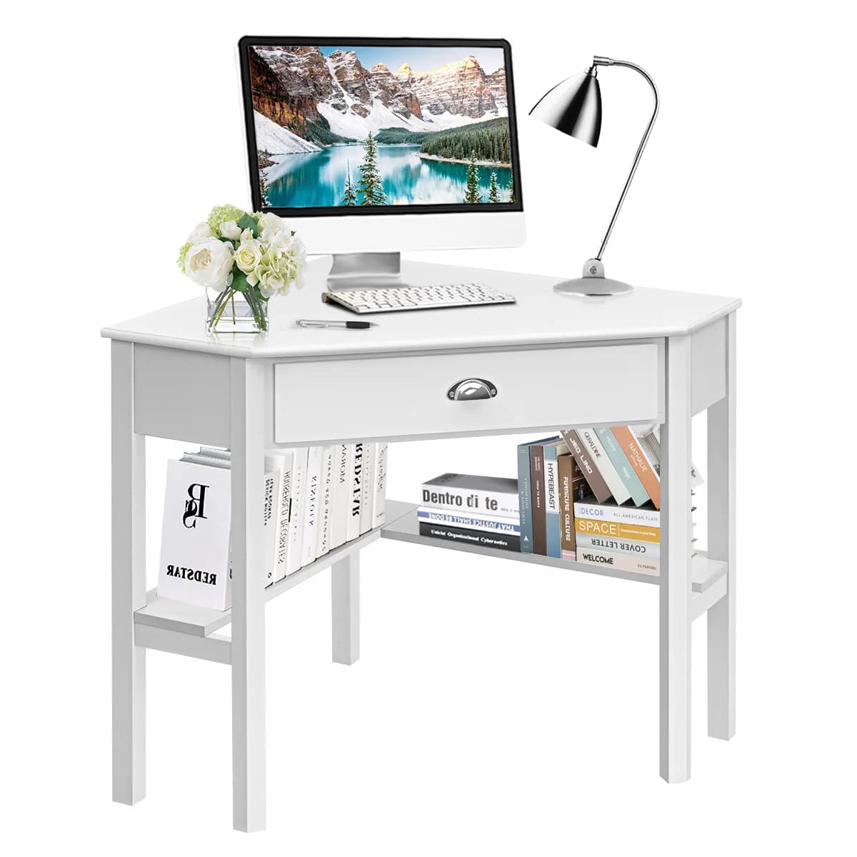 Scrivania triangolare per computer, scrivania angolare per ufficio, tavolo per laptop con ripiani con cassetti, colore bianco