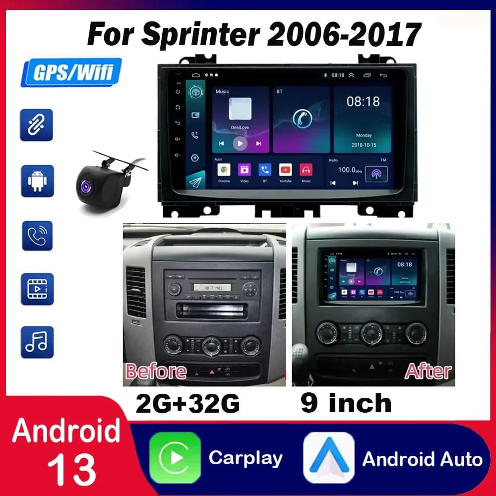 Per il 2006-2017 Mercedes-Benz Sprinter Android 13 Sistema di navigazione per auto CarPlay integrato da 9 pollici + fotocamera Android Auto/2 + 32 GB/AHD