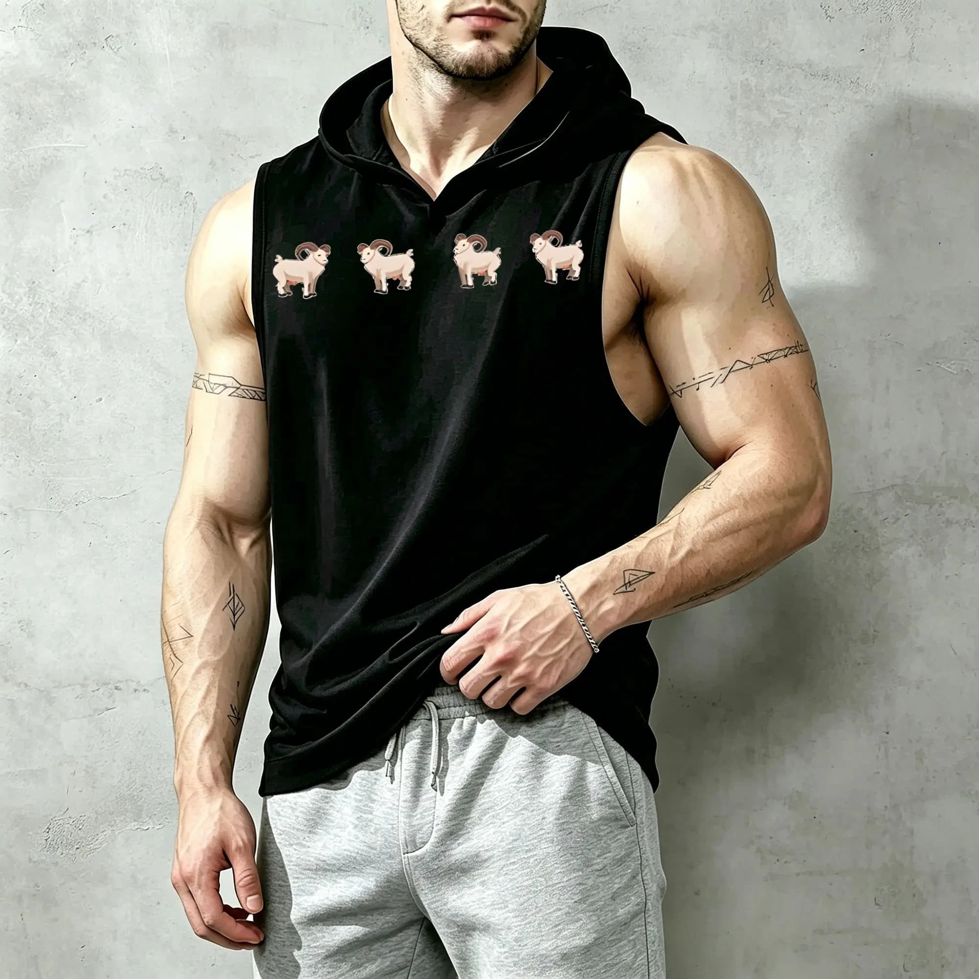 Children's Cute Goat Print Men's Fashionable Sleeveless Hoodie, Suitable for Everyday Casual Wear, Soft Fabric, Machine Washable